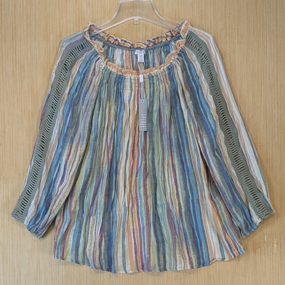 Spense Women's Multi Color Striped Peasant Blouse Crochet Detail Top Size L New